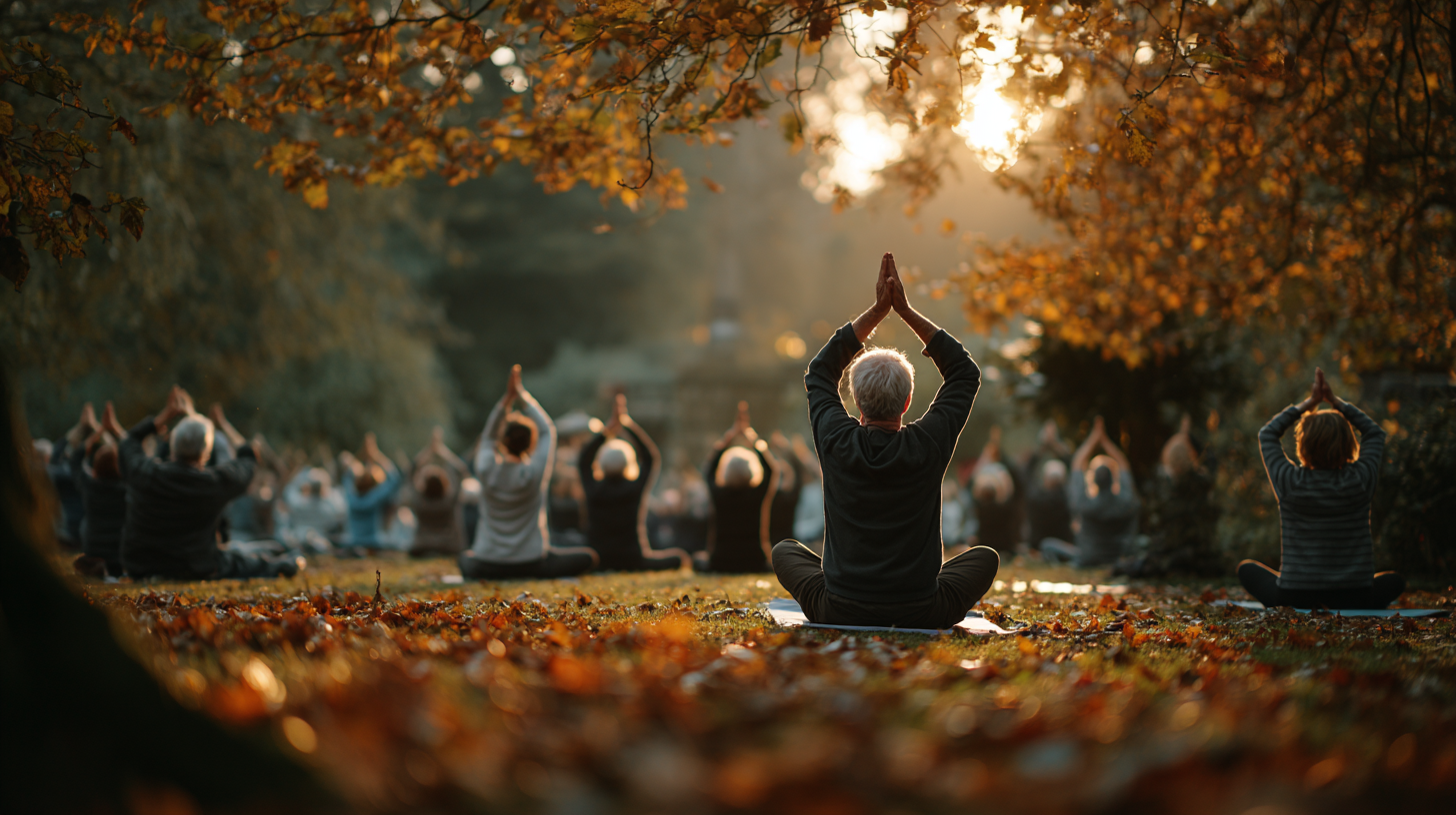 Група старши хора практикуват йога в спокойна атмосфера